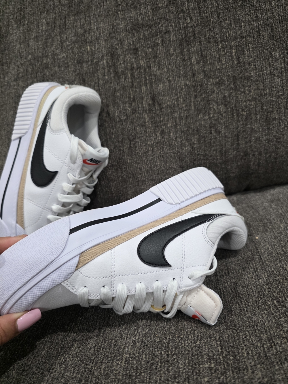 Nike White Platform Sneakers with Black Swoosh and Beige Trim - Picture 4 of 9